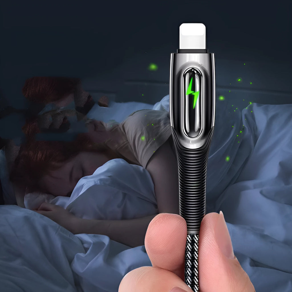 Lightning USB cable with smart power off, zinc alloy connectors and braided fishing line sheath, in black or dark green