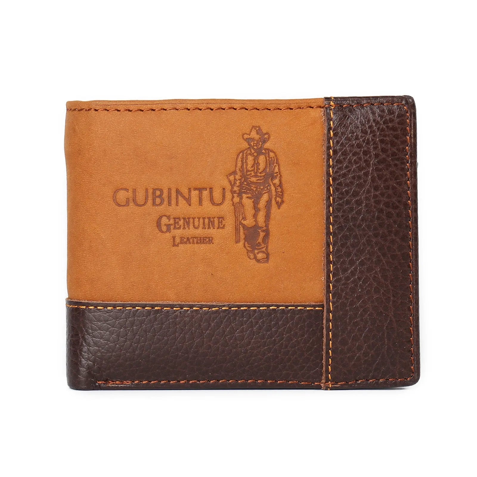 Men's brown leather three-fold wallet open, showing card slots, zip coin pocket, and photo window.