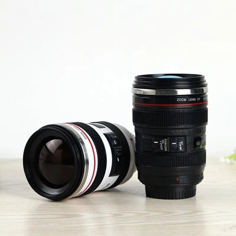 Stainless steel camera lens travel mug with 400ml capacity, black colour, and straight cup style