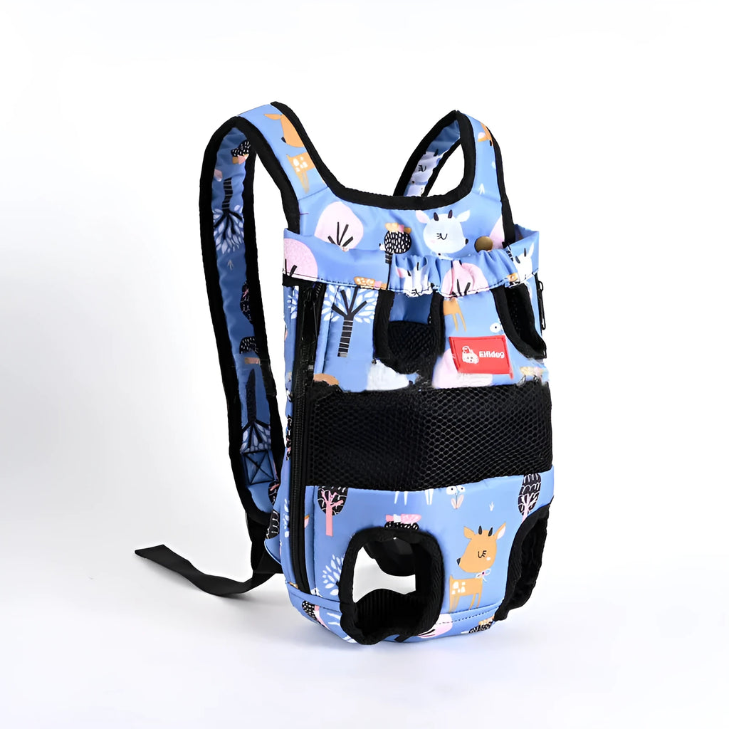 Fawn blue nylon pet backpack with animal pattern for small to large dogs and cats, S M L sizes