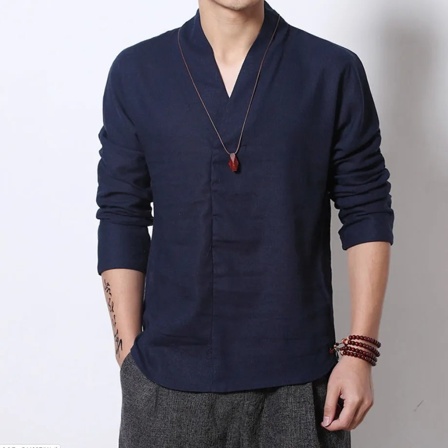 Men's long-sleeved retro linen blend shirt with stand collar in plain gray, loose fit, size M to 5XL