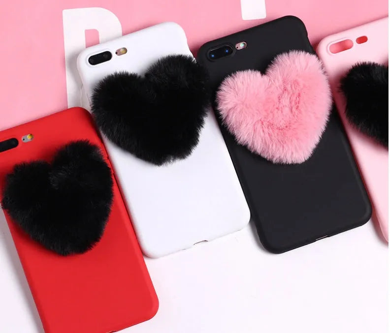3D furry love hearts PU phone case for iPhone in Pink, back cover with textured hearts design