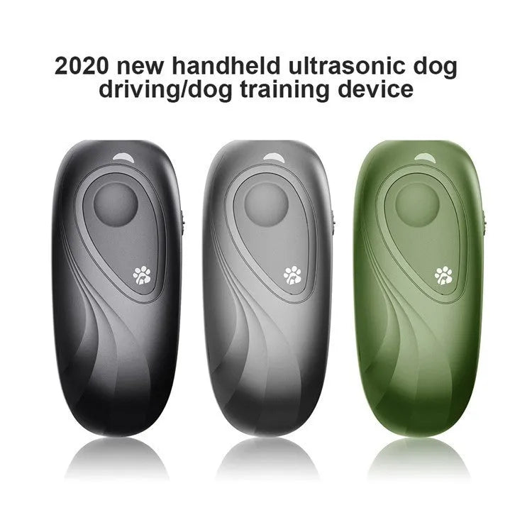 Handheld ultrasonic dog repeller in black, ABS material, with transmit button and frequency dial