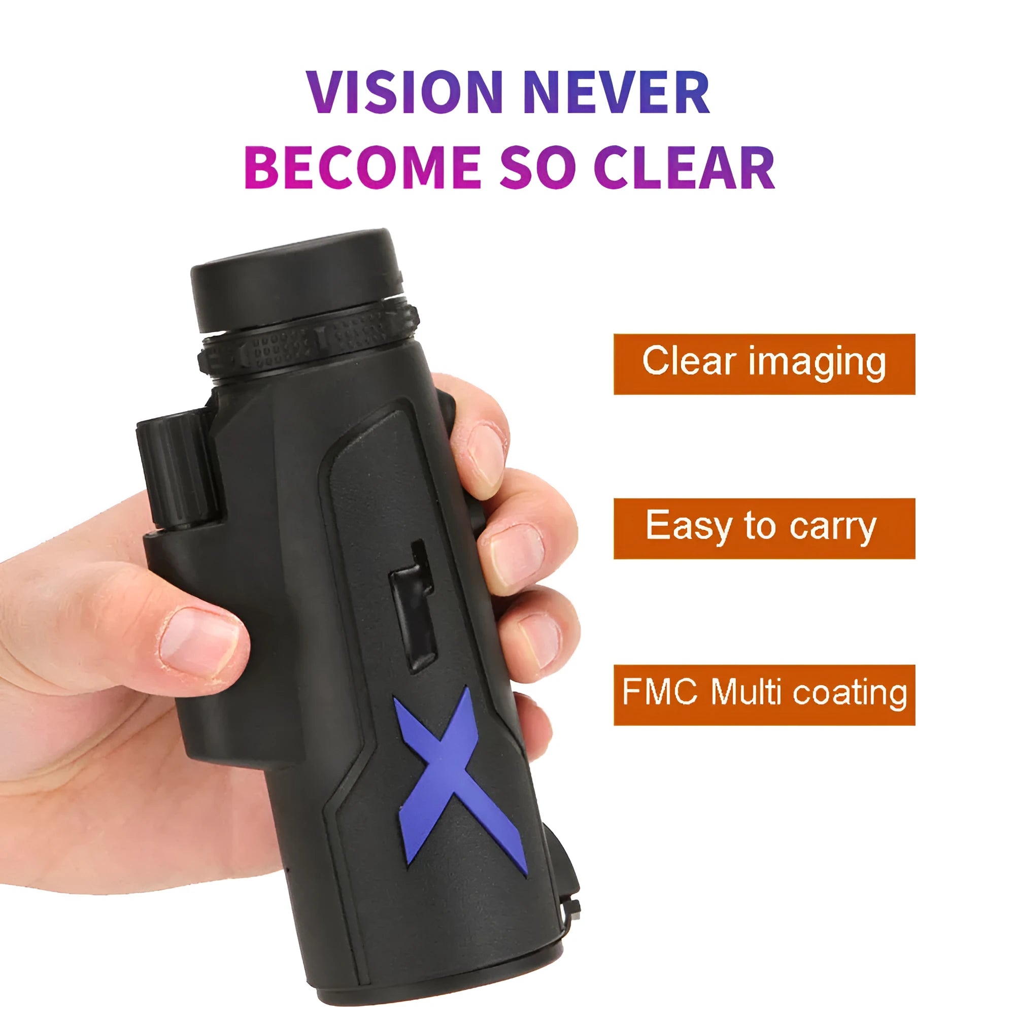 Black 12x50 monocular telescope with 50mm objective lens and compact design for outdoor use