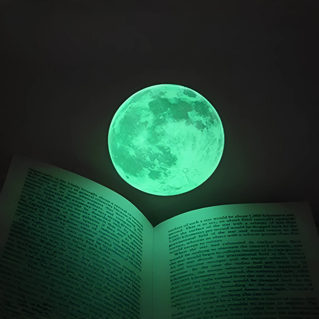 30cm green fluorescent glow moon wall sticker on a wall, glowing in the dark
