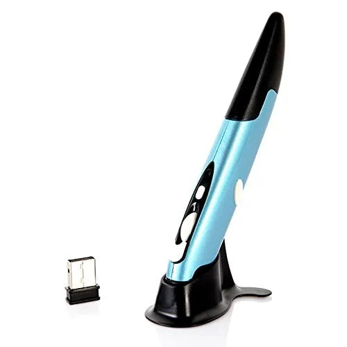 Wireless optical pen mouse in blue, red, and gray with ergonomic pen shape and 2.4 GHz USB receiver