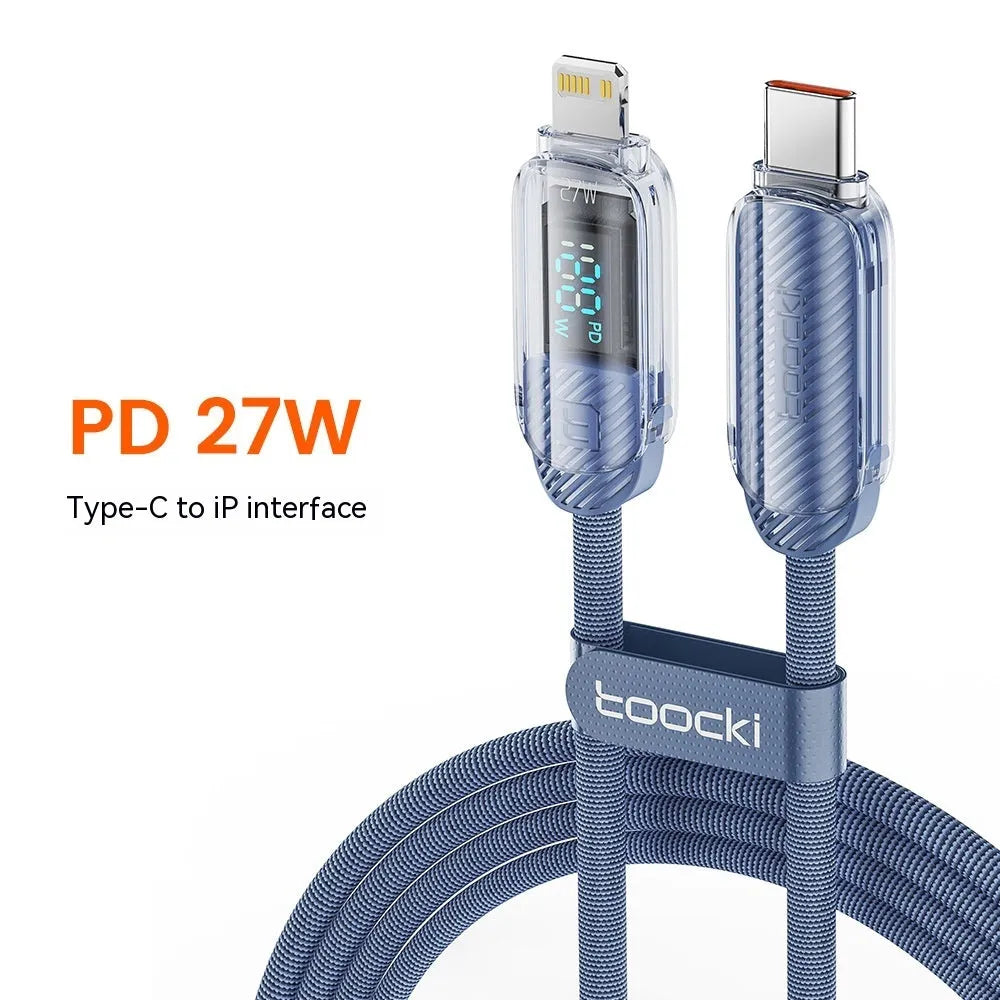 Transparent digital display PD27W fast charging data cable with braided wire in black