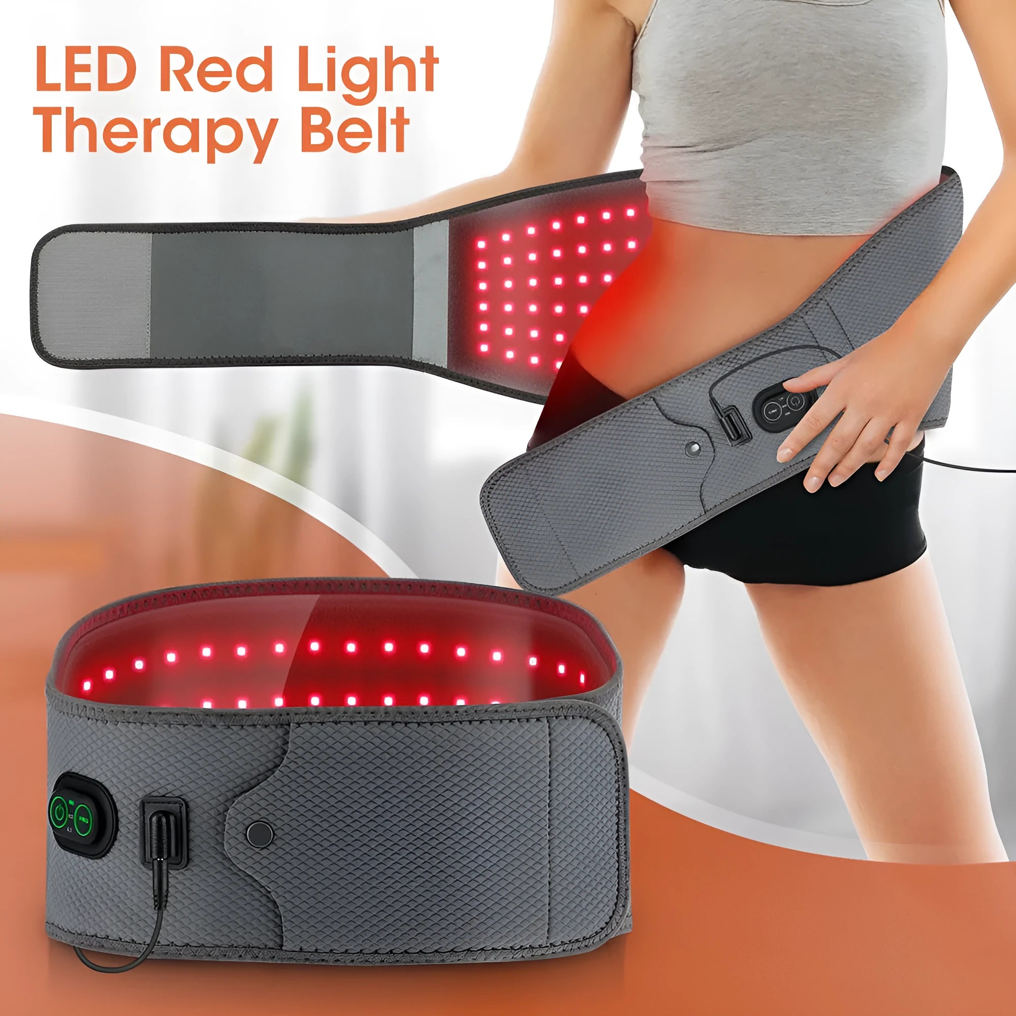 Grey neoprene electric waist therapy belt with red light panels and power cable.