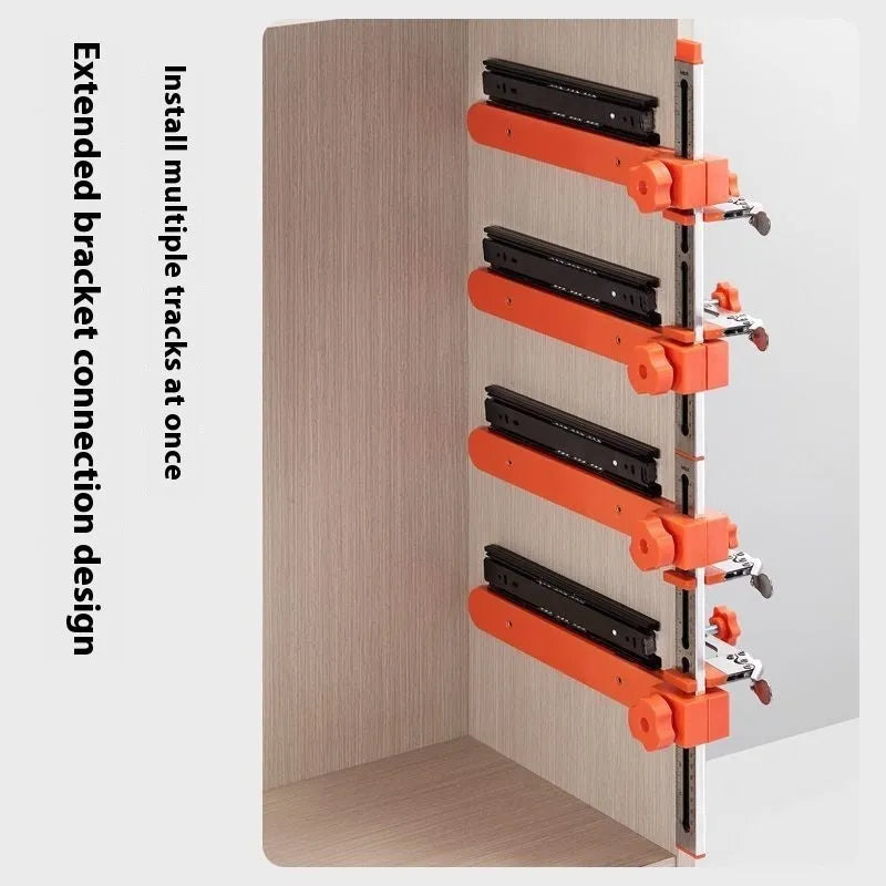 Drawer guide rail installation aid set with slideway aids and rapid clamps for woodworking drawer fitting