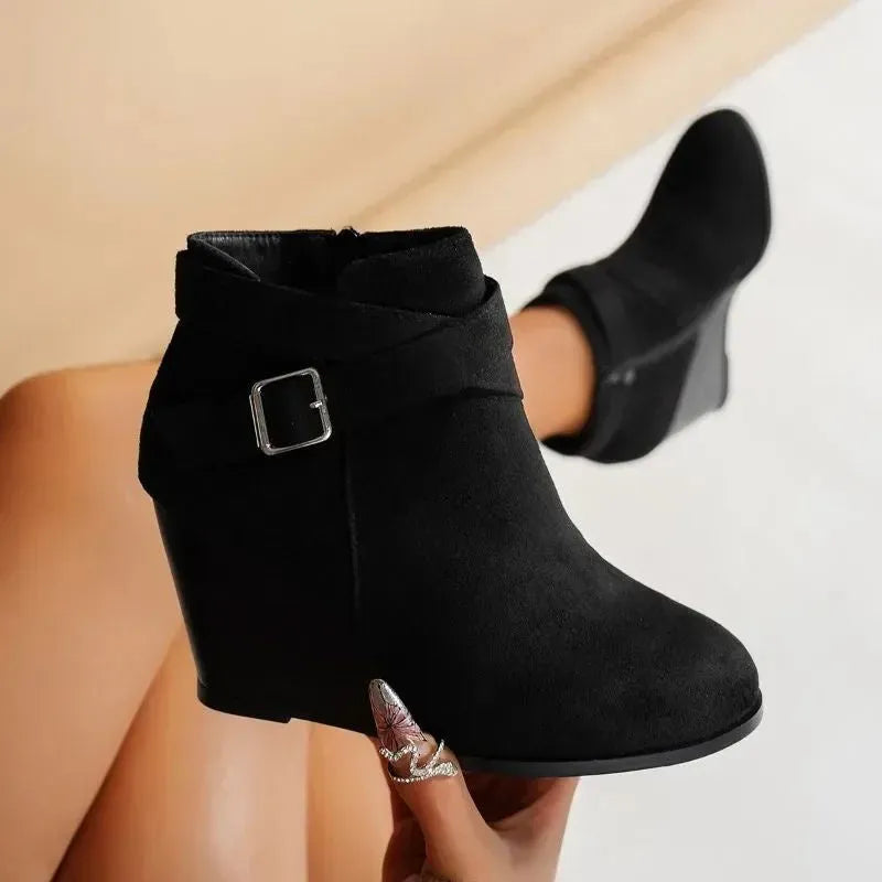 Black PU square toe wedge heel booties with side zipper for women, available sizes 35-43