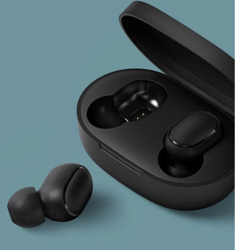 Redmi AirDots 2 black true wireless earbuds and charging case.