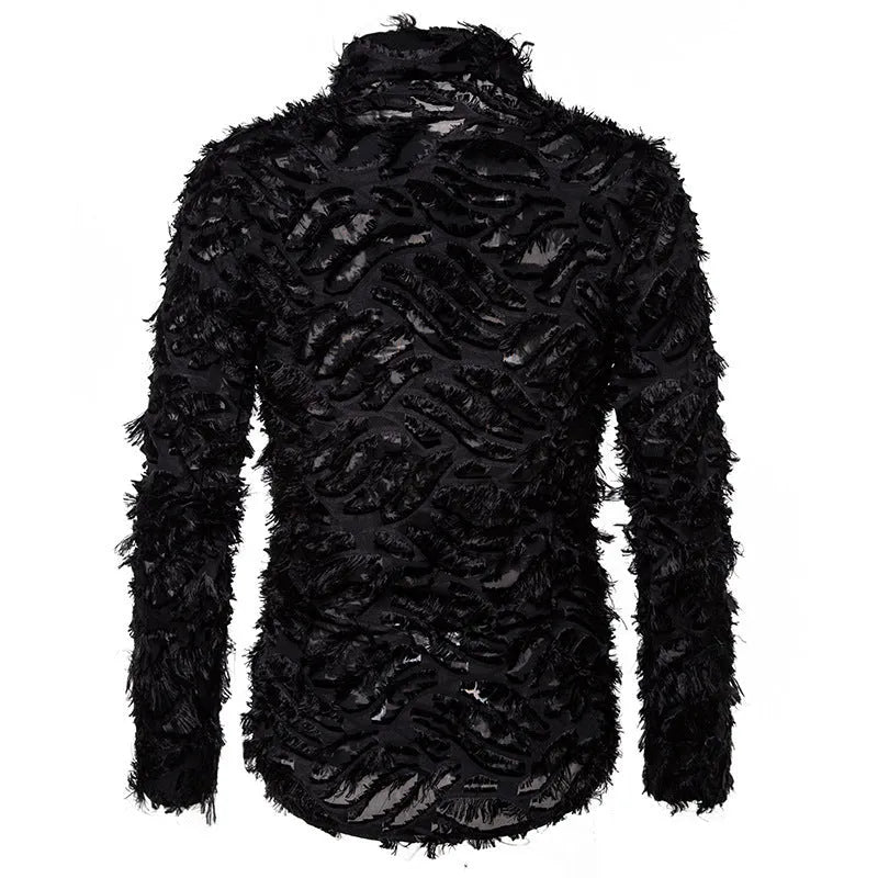 Feather tassel lapel shirt for men in black with non-iron cotton blended fabric
