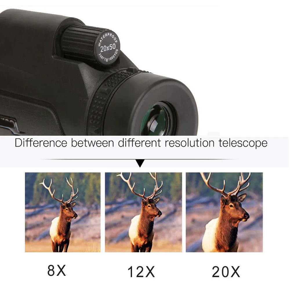 Black 12x50 monocular telescope with 50mm objective lens and compact design for outdoor use
