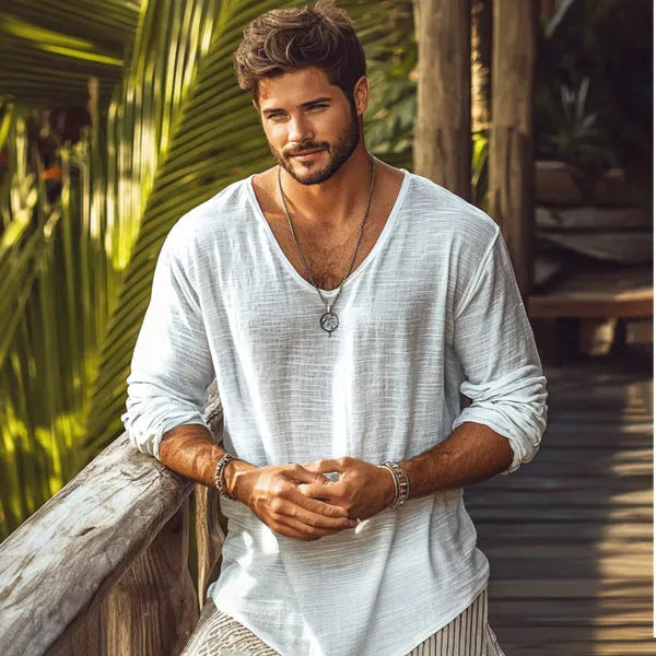 Men's beige slim fit V-neck long sleeve t-shirt made from hemp blend fabric on a hanger.