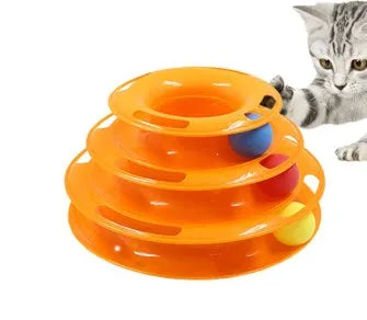 Four-layer cat turntable ball tower track toy with colourful rolling ball on a plastic base, size 16x29cm, pink colour option