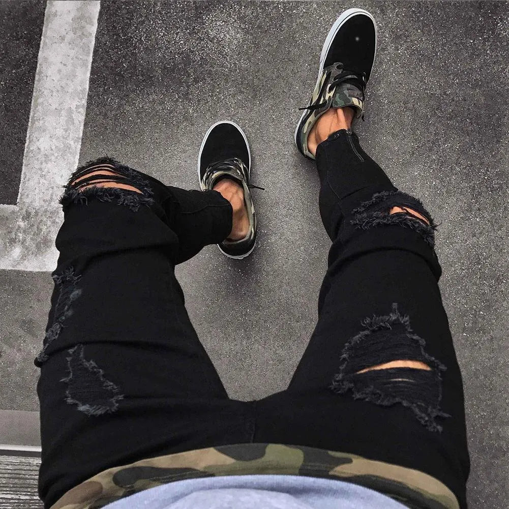 Men's black low waist stretch polyester casual pencil trousers
