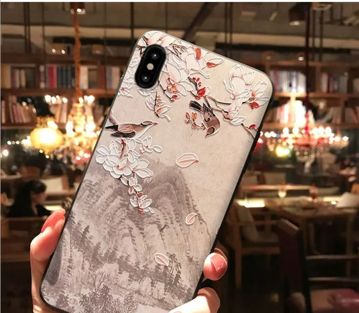 3D embossed magpie TPU phone case with Yanxi Raiders Chinese style in sunset red tower colour