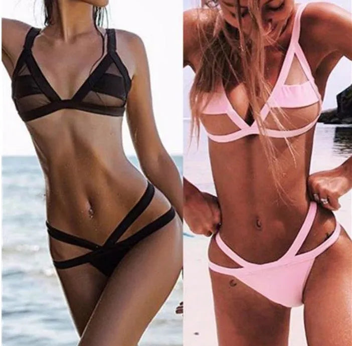 Women's mesh transparent patchwork triangle bikini set in pink, summer swimwear