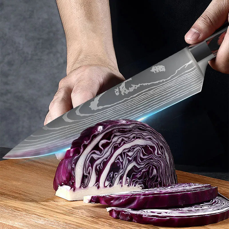 7CR17 stainless steel chef knife with laser Damascus pattern and colour steel handle, blade length 18cm.