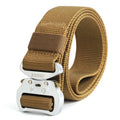 Army Fan tactical belt in nylon with aluminium buckle, 125cm length, colour Black, laid flat on surface