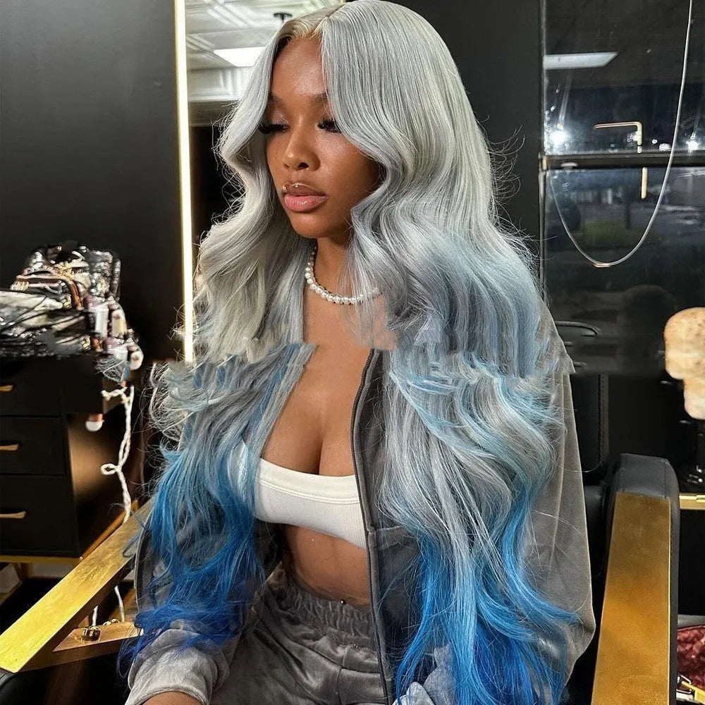 Grey blue gradient human hair lace front wig with natural hairline
