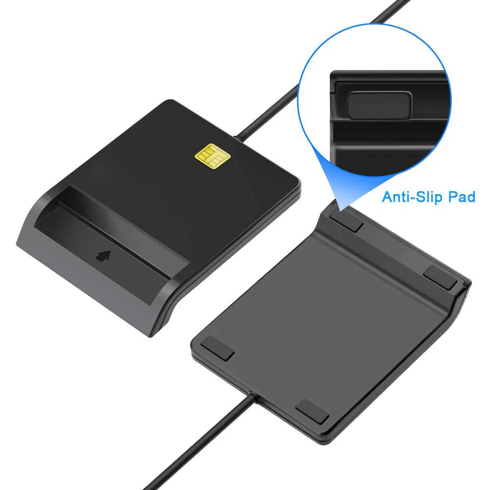 DM-HC65 USB Smart Card Reader in black ABS casing, front view with USB cable and card slot
