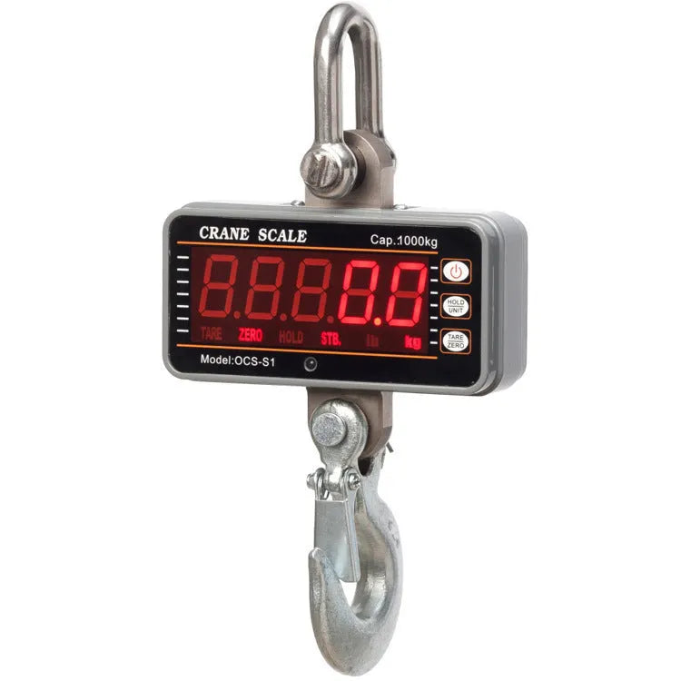 Orange electronic crane scale with digital display showing weight, for loads up to 500kg.