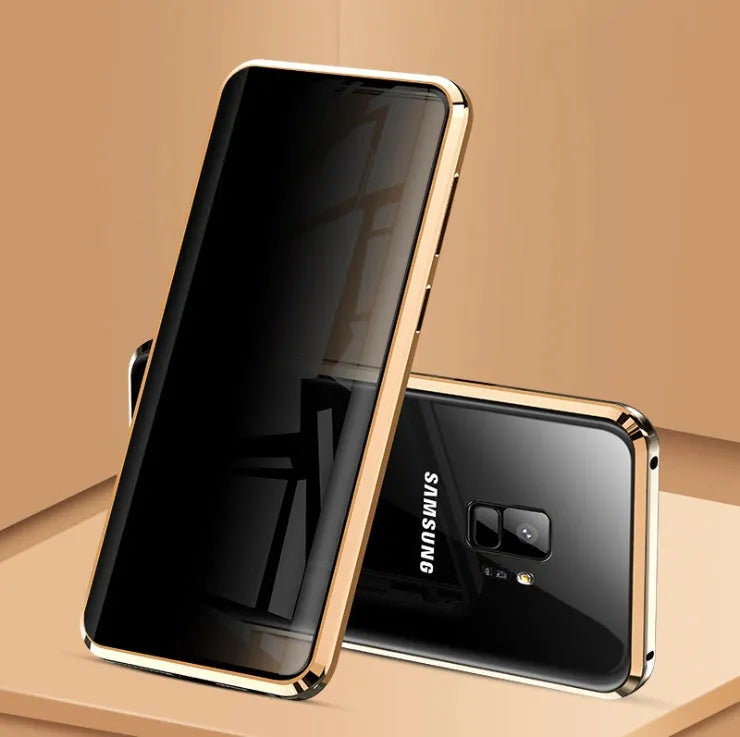 Samsung anti-peeping magnetic phone case in clamshell design with double-sided glass construction