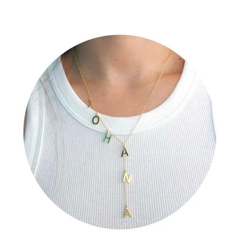 Lariat Y name necklace with dainty bubble letters pendant gold colour on copper O chain