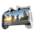 Multifunctional mobile game handle with magnetic wireless charging stand and adjustable phone bracket in black, blue, or white.