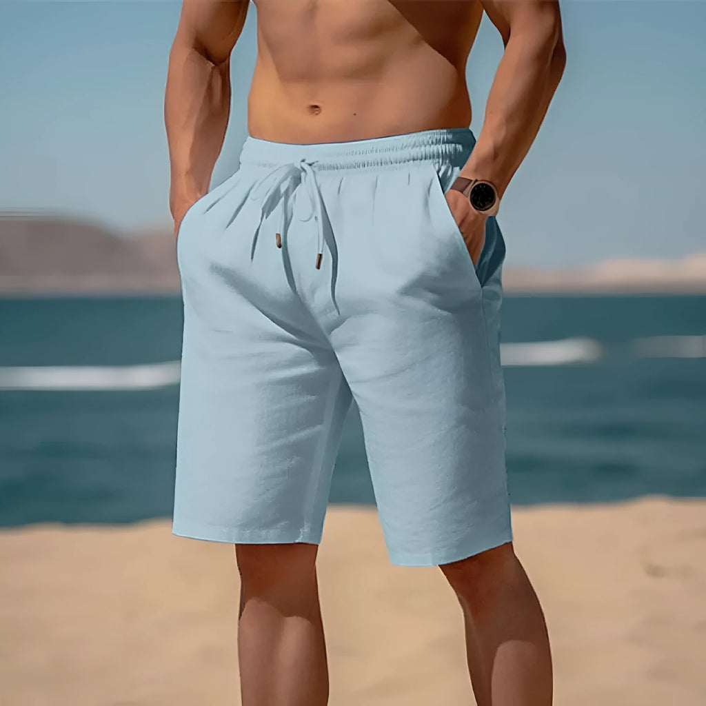 Men's cotton linen drawstring shorts with elastic waist and multiple pockets in solid colour
