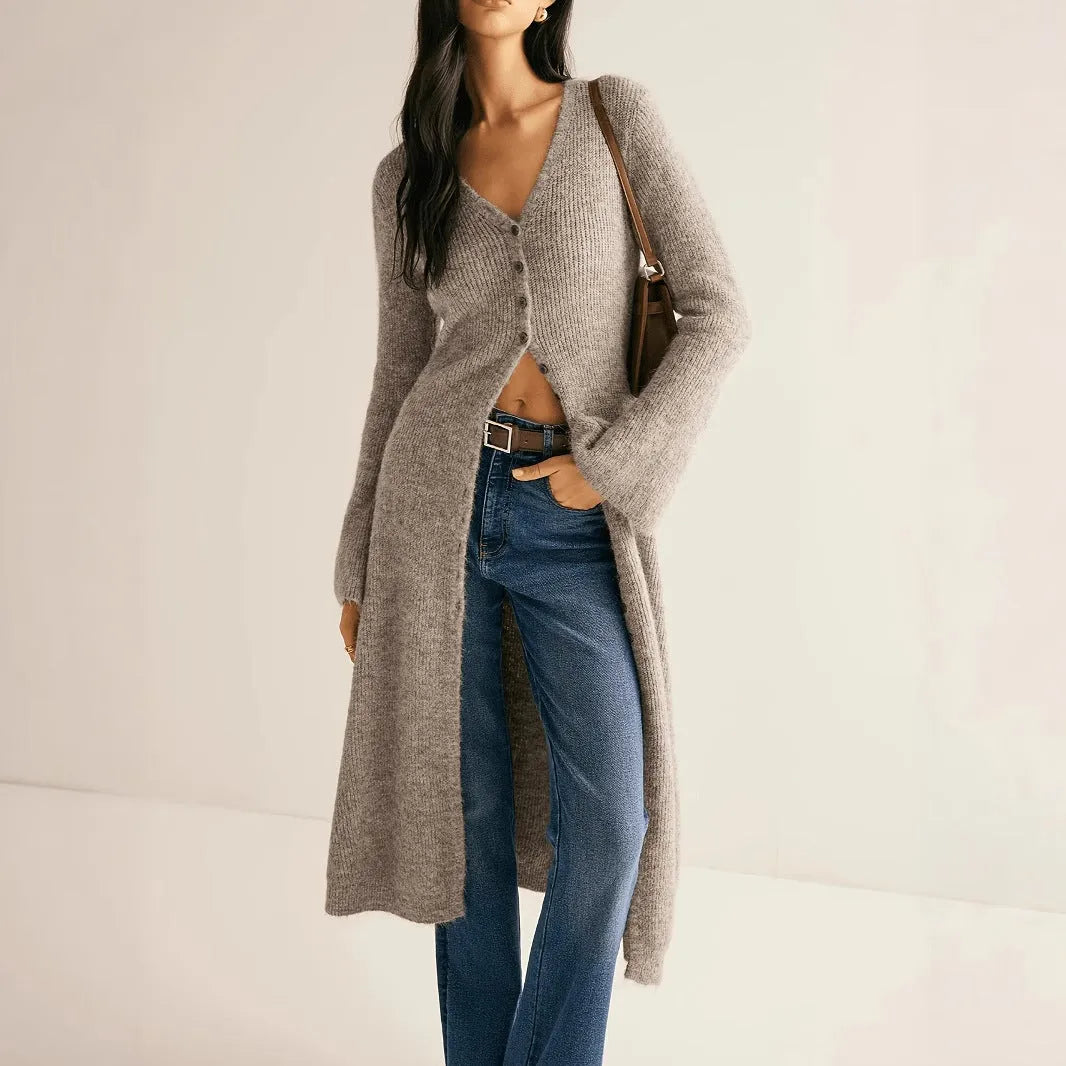 Khaki French style retro long sleeve coat cardigan with button front on display for commute and daily wear