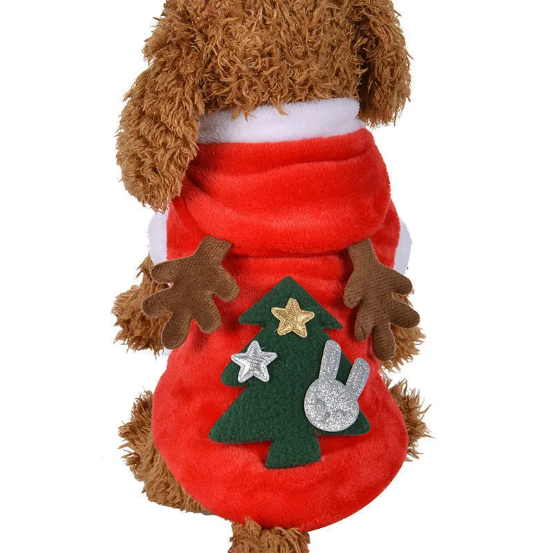 Red flannel Santa dog costume for small dogs with coat design, shown on a pet, sizes XS to XL