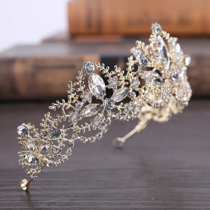Light gold baroque bridal crown tiara with AB crystals on alloy frame measuring 15 cm diameter