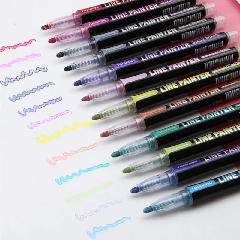 12-colour double line outline pen set in metal case with 1mm-2mm width plastic pen heads