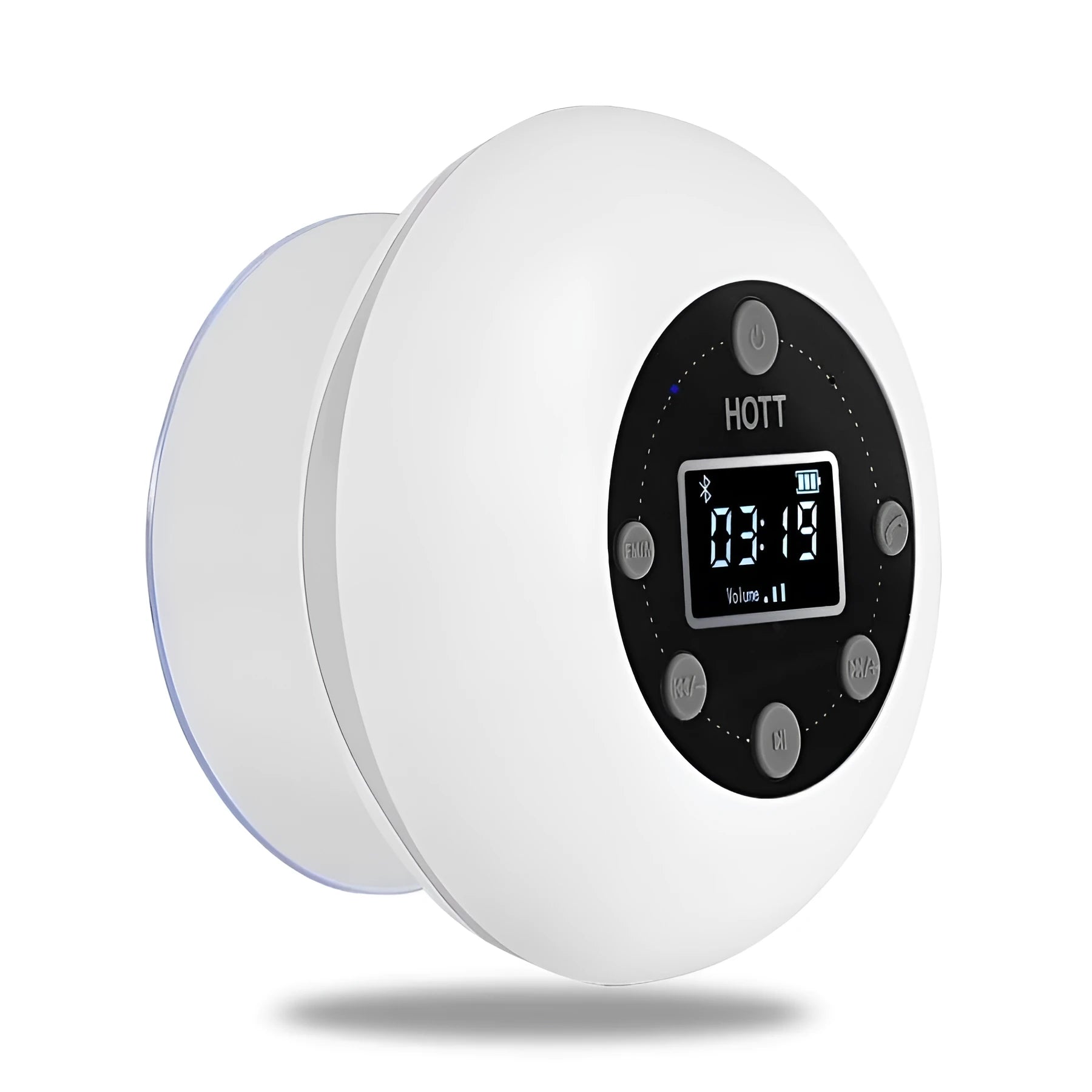 White waterproof Bluetooth speaker for bathroom with 12-hour battery and compact design