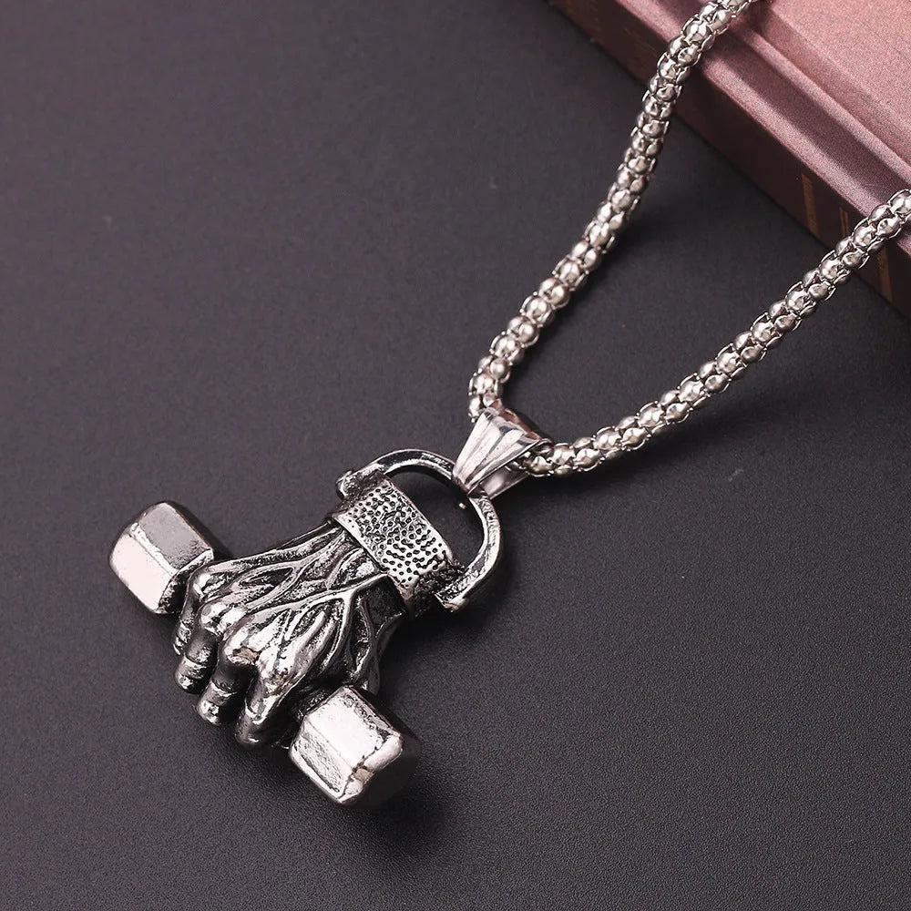 Silver gym dumbbell pendant on snake bone chain necklace unisex alloy electroplated finish