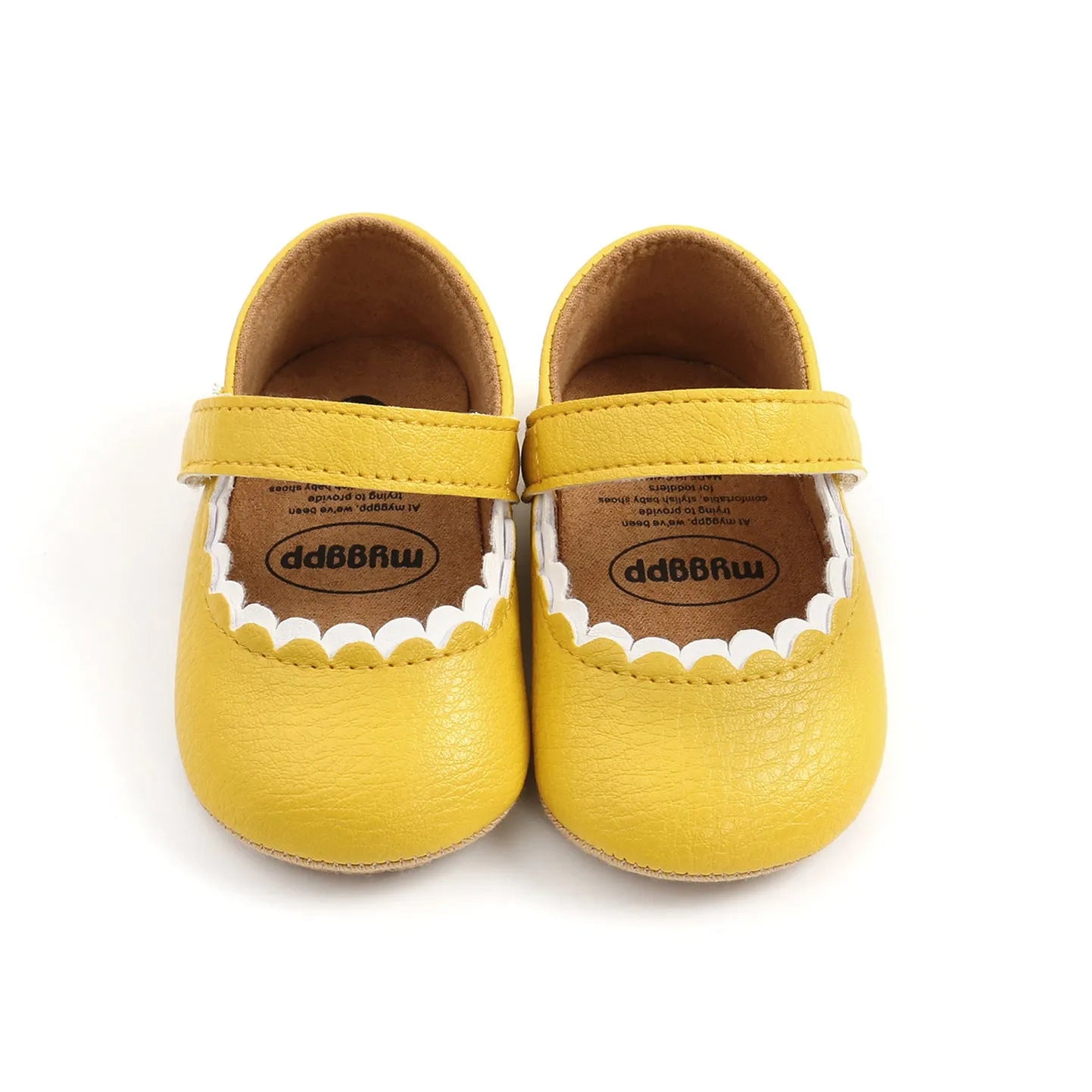 Baby princess shoes with Velcro strap in white, black, fan wood, lemon yellow, and brown colours