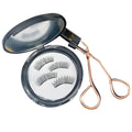 Magnetic false eyelash set with soft and hard lashes, magnetic iron clip, and eyelash curler on white background