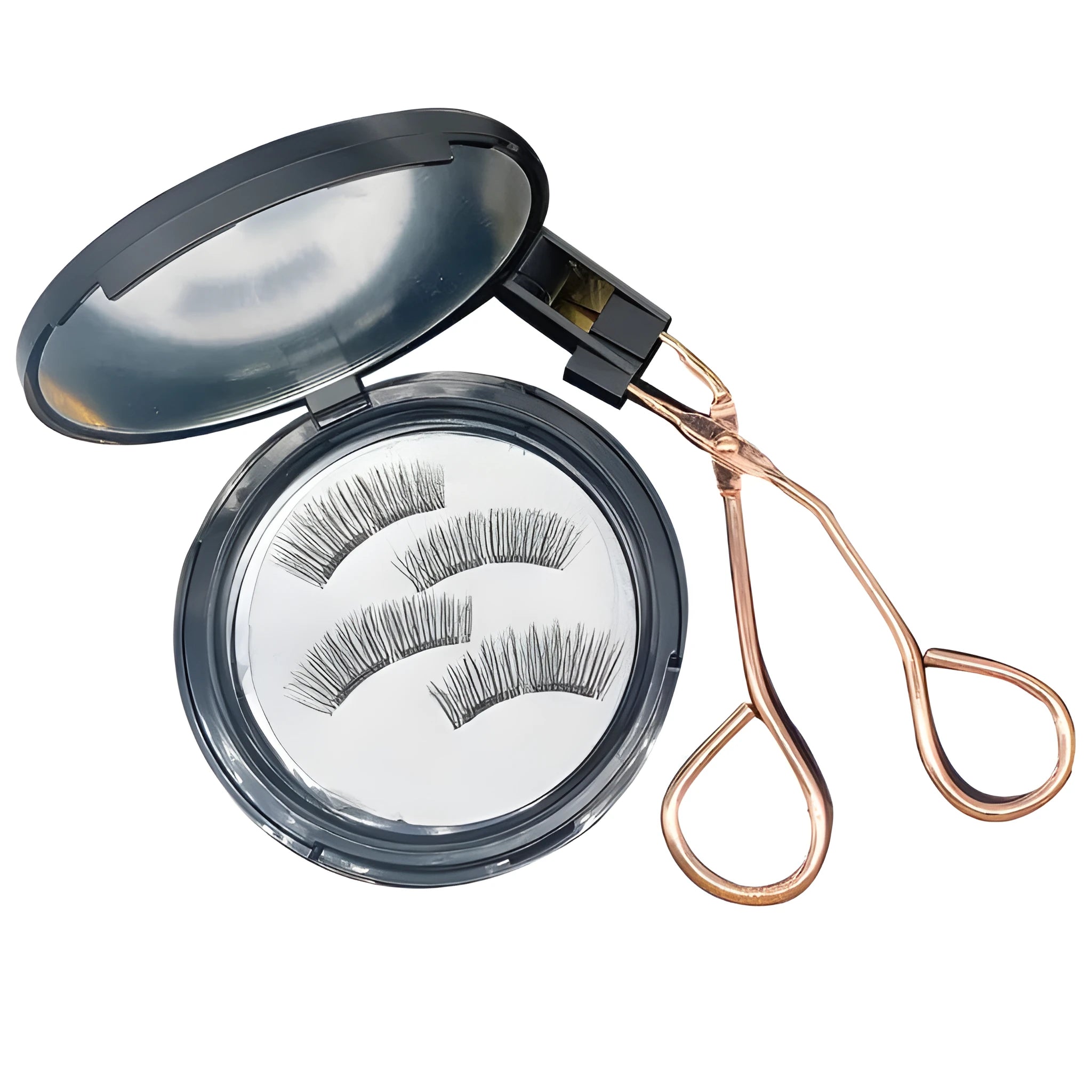 Magnetic false eyelash set with soft and hard lashes, magnetic iron clip, and eyelash curler on white background