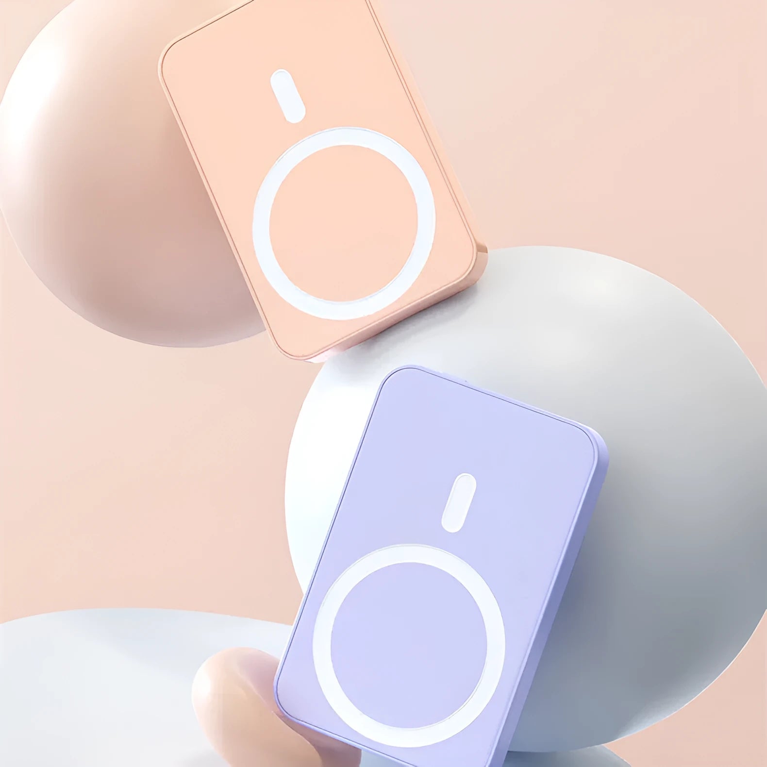 Pink, purple, and white magnetic wireless power bank showing 20000mAh capacity and dimensions.