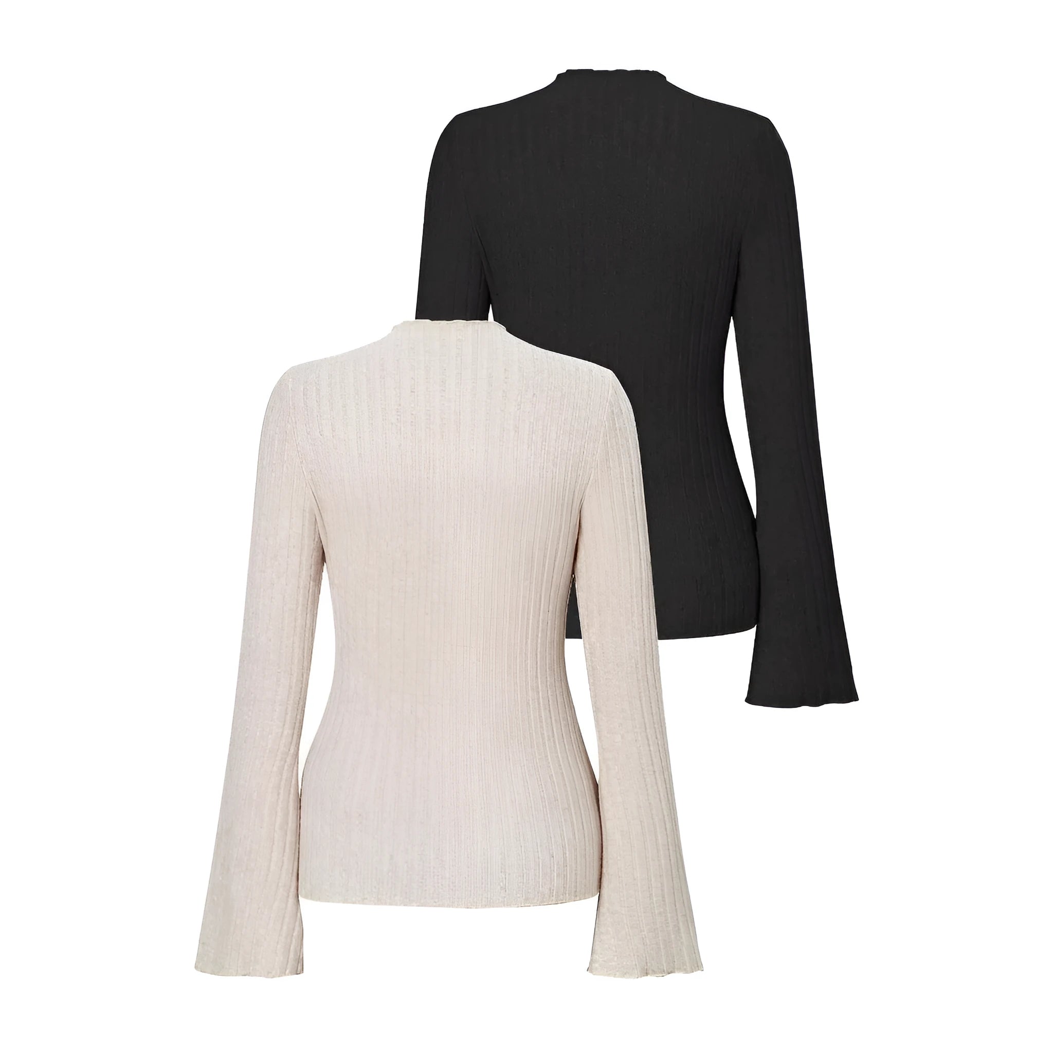 A black long sleeve round neck top with lantern sleeves and a slim fit, showcasing a brushed polyester fabric.
