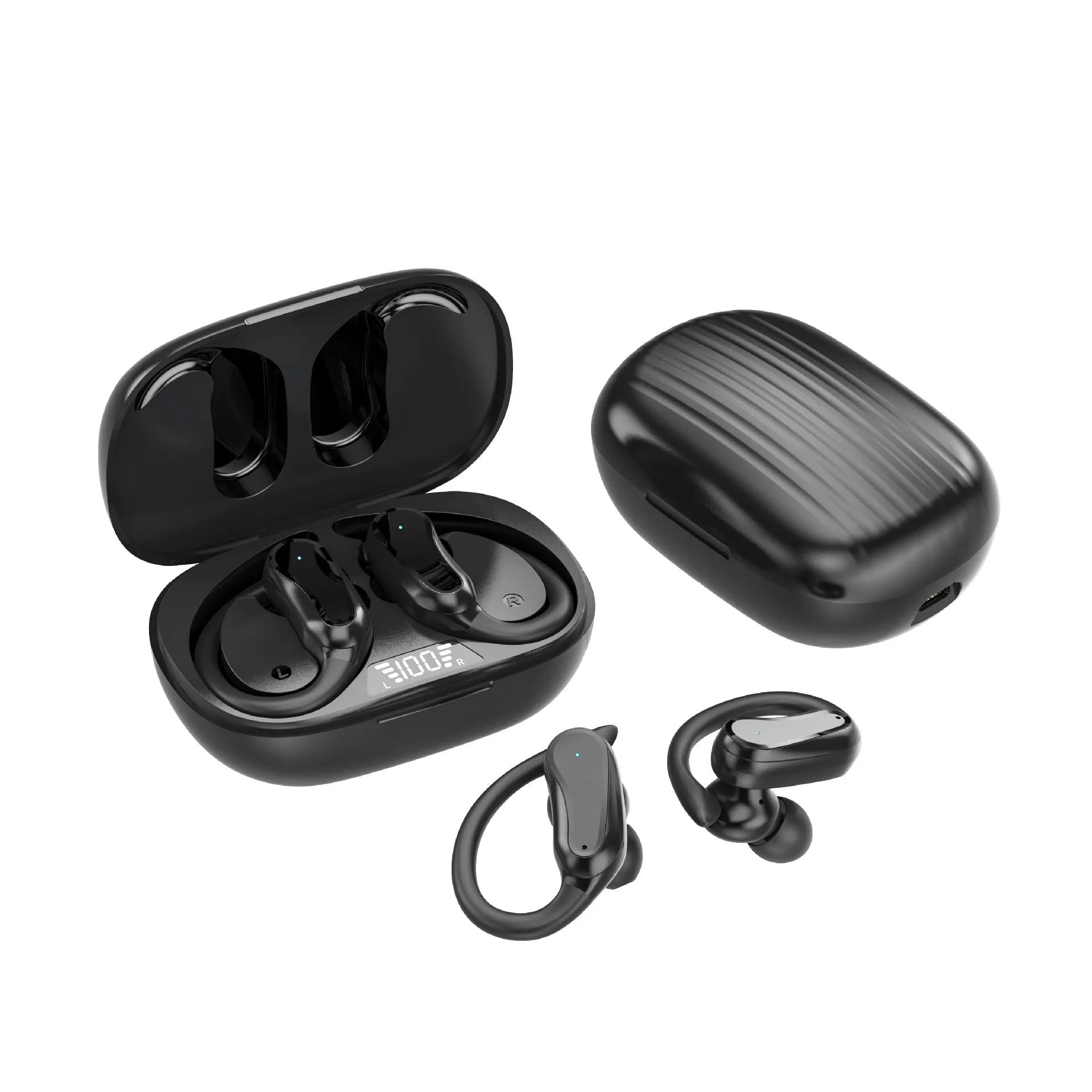 Ear-mounted IPX7 waterproof sports wireless headset with black silicone ear hooks and charging case