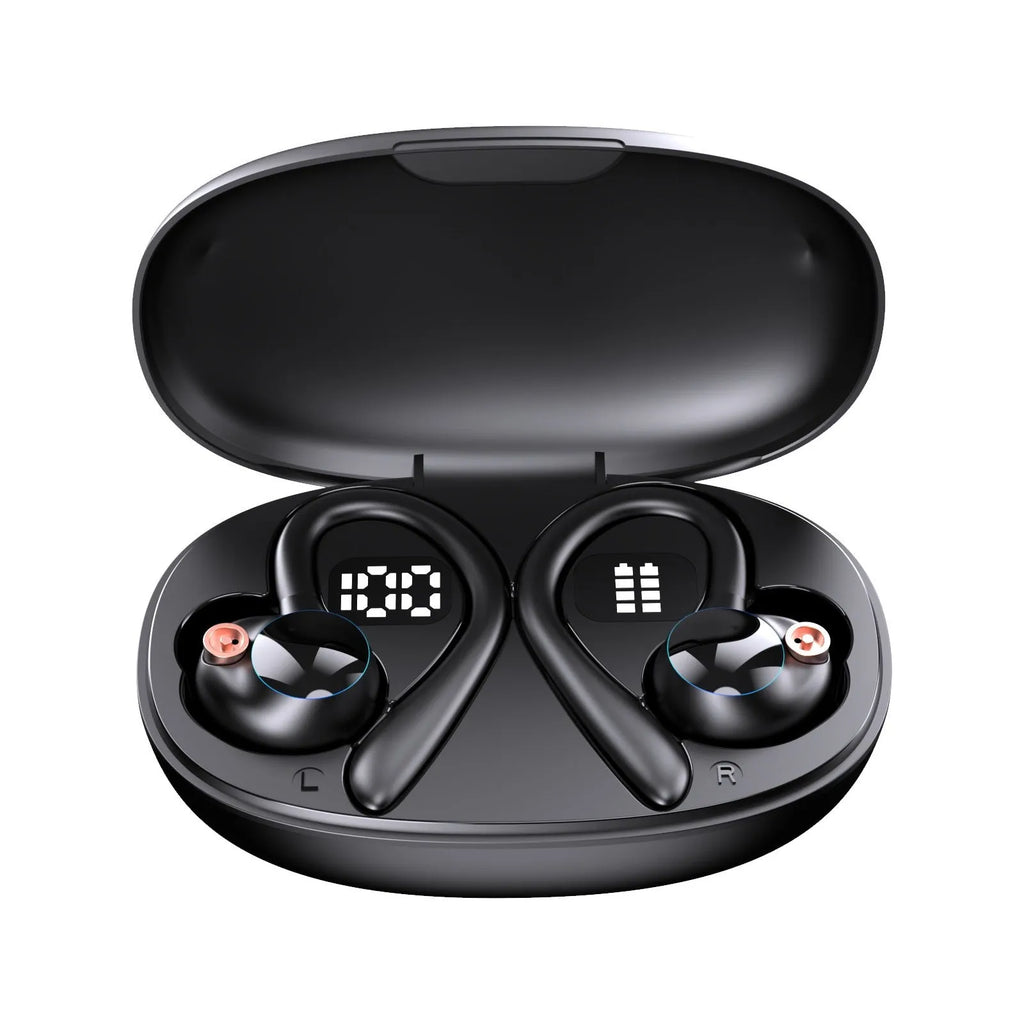 YYK-580 Bluetooth headset with digital display and ear hook design in black
