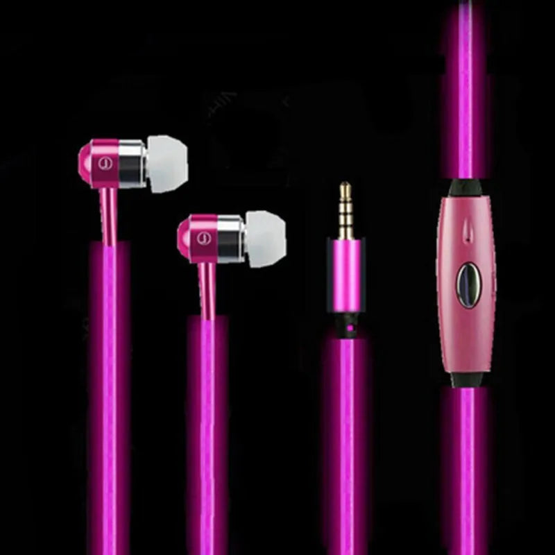 Blue Magic Light LED earphones with glowing cable connected to a phone showing rhythm-sync light effects.