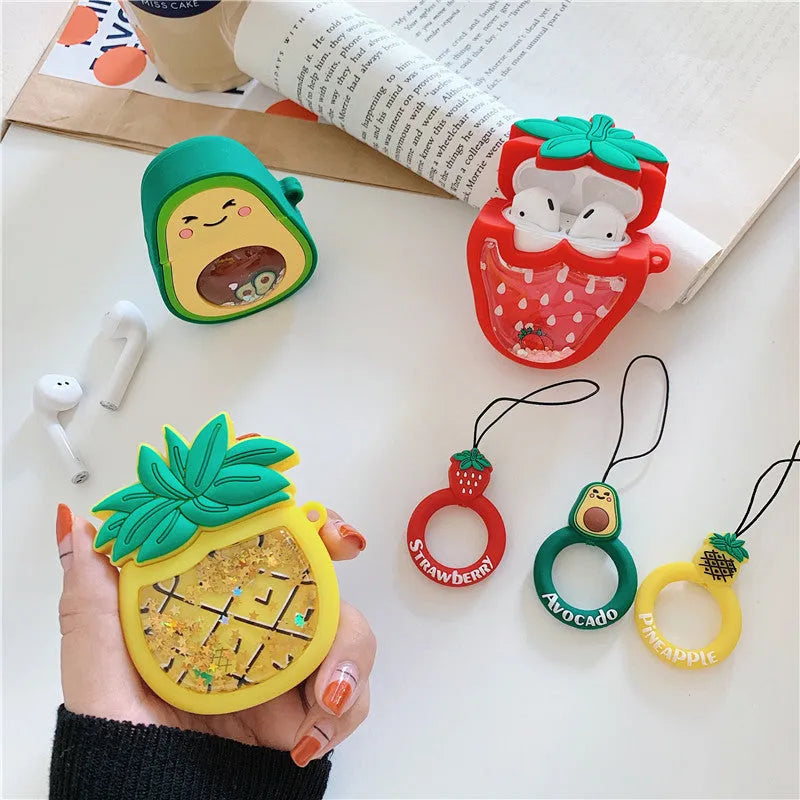 Cartoon silicone protective case for AirPods 1/2 in avocado, pineapple, and strawberry designs