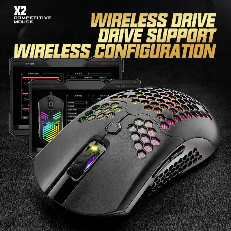 Free Wolf X2 wireless gaming mouse in black on a mouse mat, showing RGB lighting and USB-C cable.