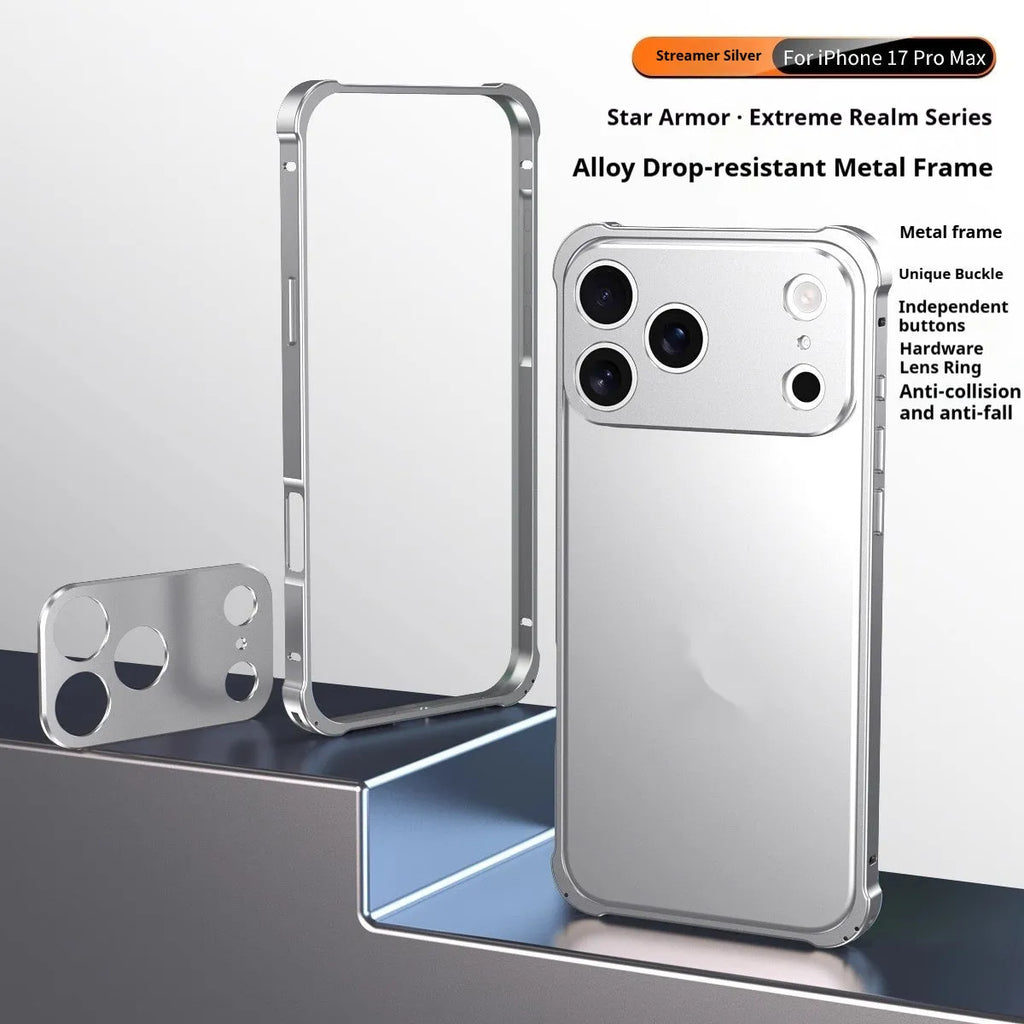 iPhone 17 alloy mobile phone case with metal corner frame and seahorse buckle in frosted finish