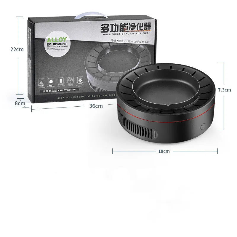 Black multi-function electronic ashtray purifier, 18x18x7.3cm, with 3000mAh battery and negative ion air cleaning.
