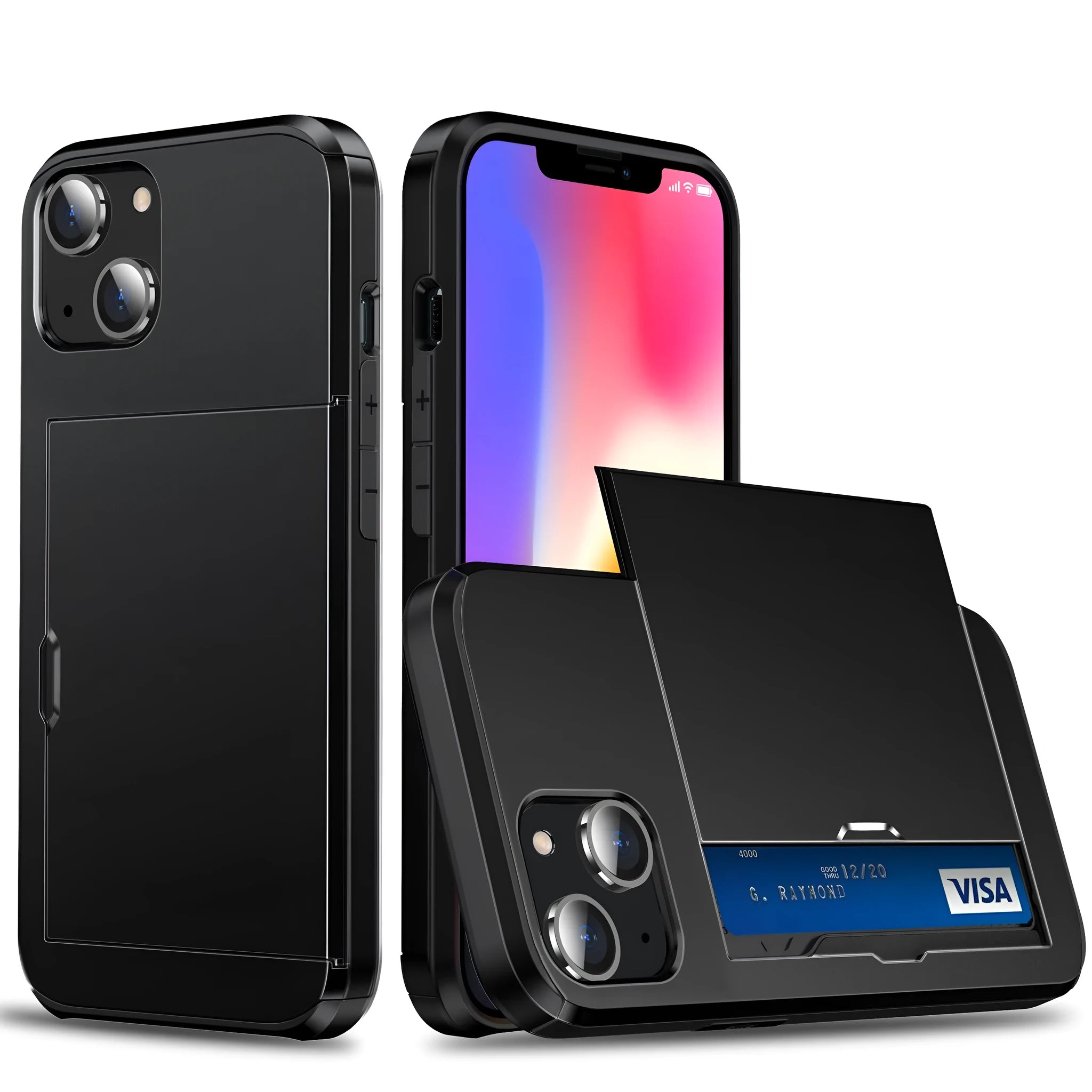 Black TPU PC phone case with rear sliding card slot for iPhone X to 14 Pro